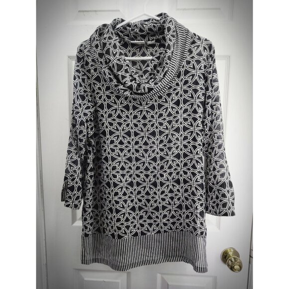 Gretchen Scott Black/White Geometric Cowl Neck  3/4 sleeve Tunic M - Picture 1 of 7